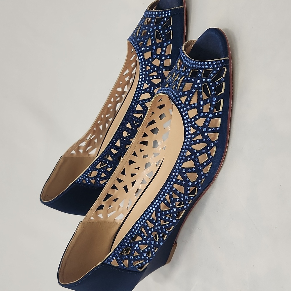 Erijunor Elegant Navy Peep-Toe Wedge Shoes, size 9.5